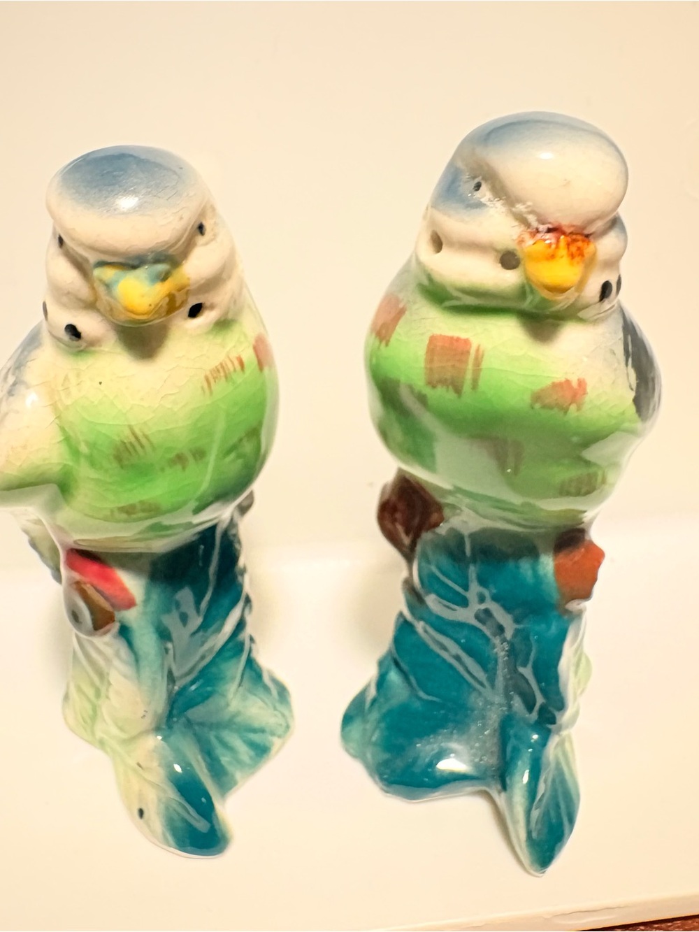 Ceramic Budgie Parrot Figurine Pair in Green and Blue